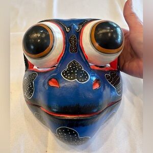 Vintage Mexican Folk Art Wood Carving Handcrafted Blue Frog Mask 9”